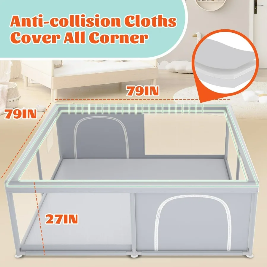 Parc pour bébé, parc extra large 79''x79'' pour bébés et tout-petits, stylo de jeu pour clôture pour bébé pour intérieur et extérieur, avec une respiration douce