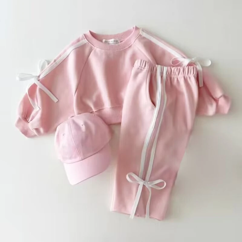 New Spring Solid Color Long sleeved Top Children's Set Bow Bar Spliced Girl's Sweater Pullover Long Pants Sports Two Piece Set