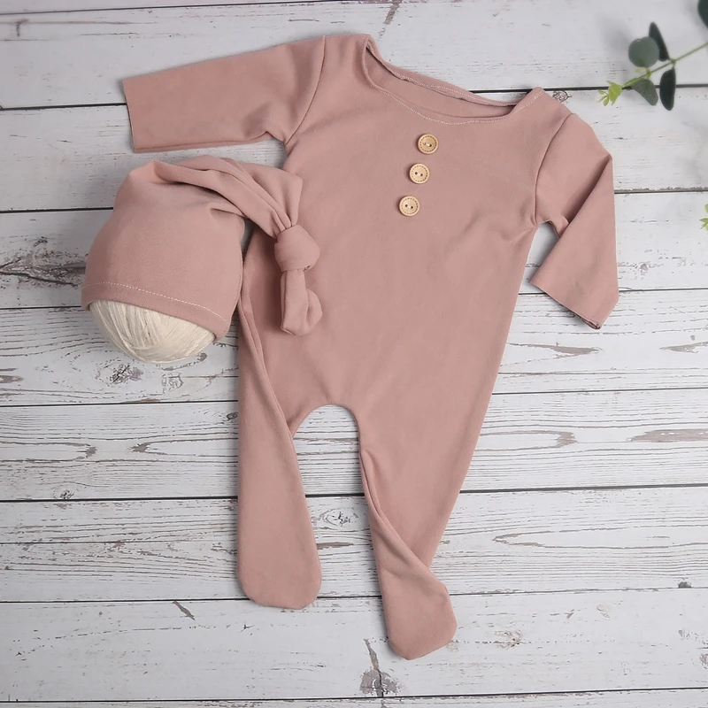 2Pcs/Set Newborn Baby Long Romper Jumpsuit with Knotted Hat Buttons Solid Color Infant Coverall Photo Photography Prop Outfits