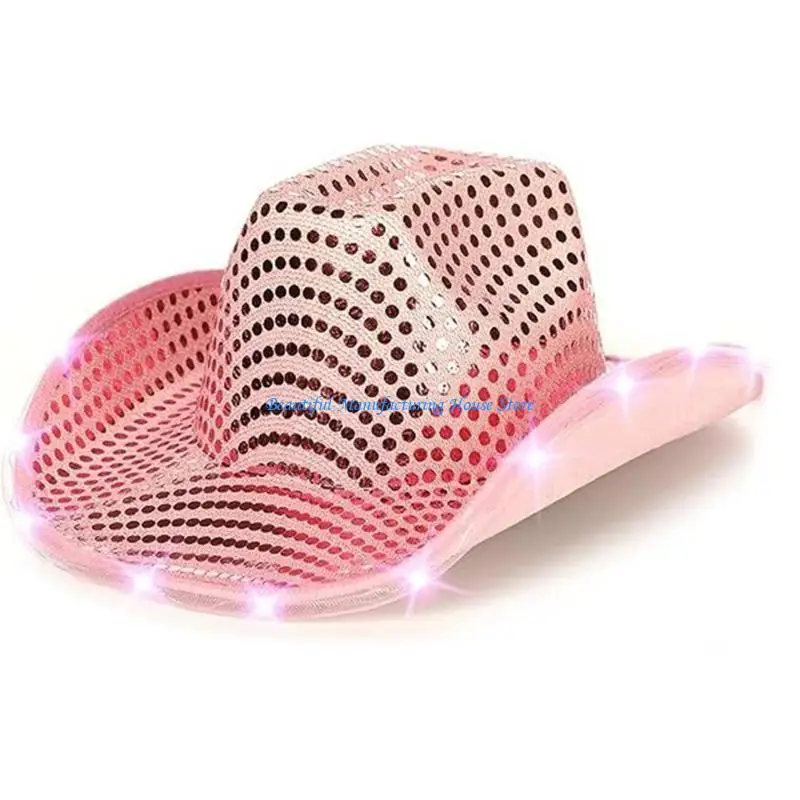 

E56A Cowboy Hat with Sequins and Sunglasses Set Shining String lights for Party