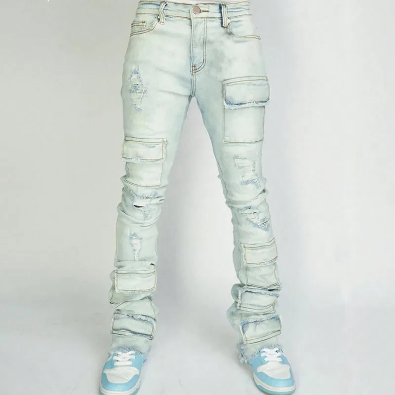 Denim broek voor heren Mode High Street Jeans Rits Amerikaanse rechte volledige lengte Lichte stretch gescheurde gaten Stonewashed Jeans