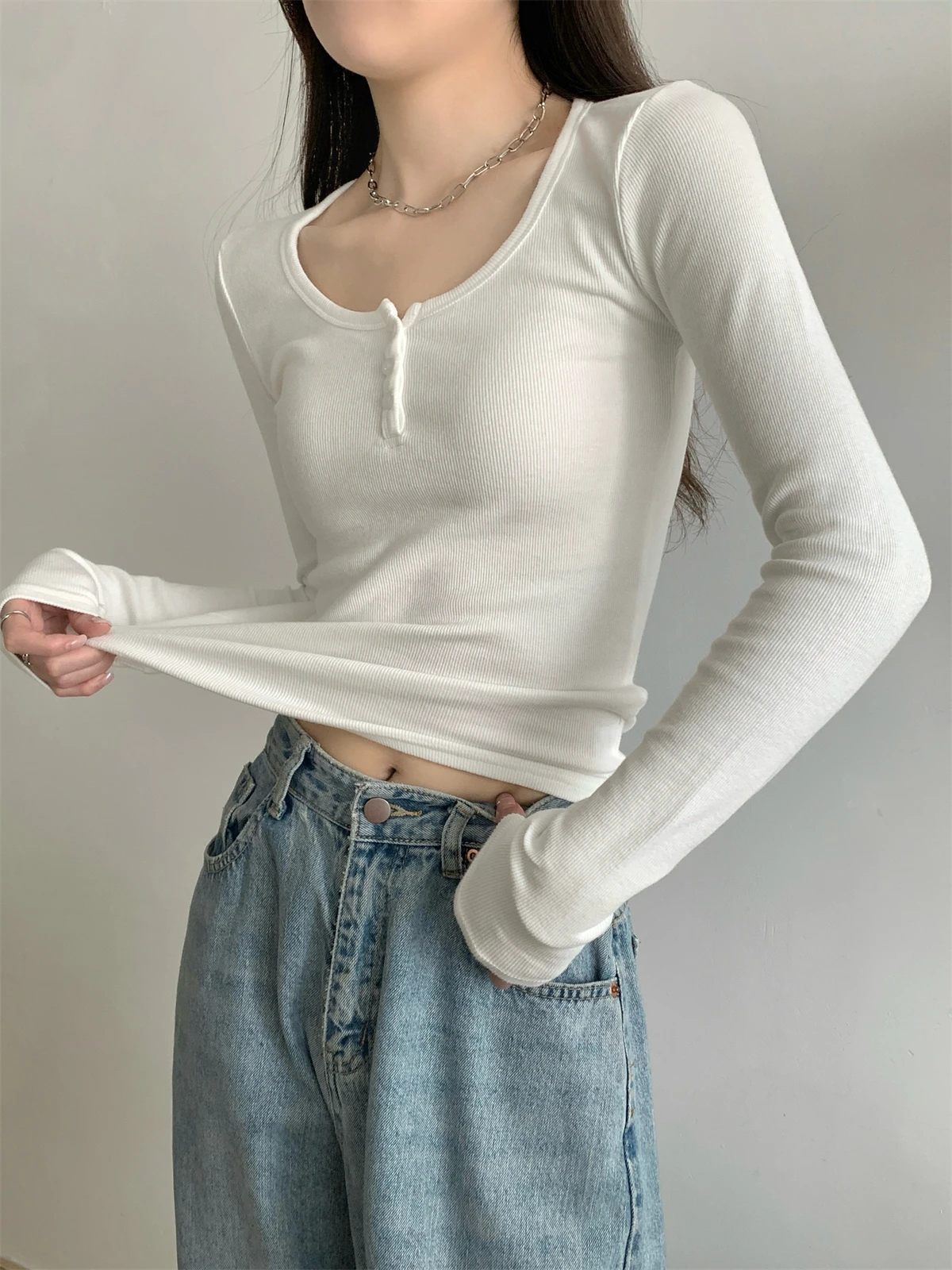 Efeito de emagrecimento botão até longo sve u ne topo feminino faion outono novo sle simples ey versátil camada base irt