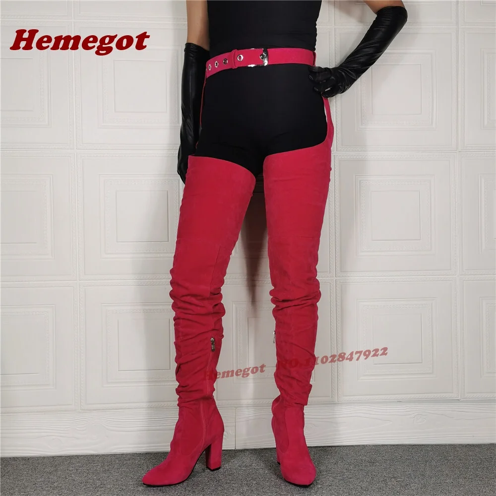 Magenta Chunky Heels Belt-Buckled Long Boots Round Toe Thigh High Pants Boots Side Zipper Suede Elastic Runway Shoes Luxury