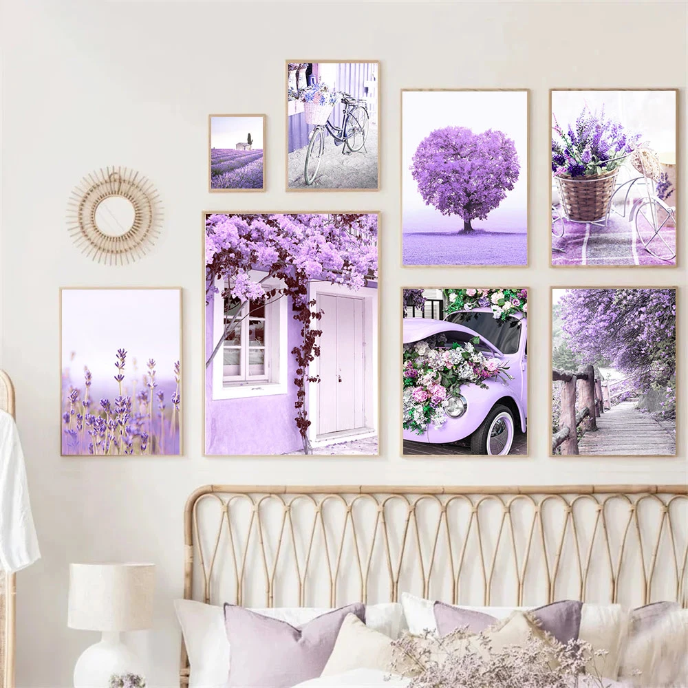Purple Tree Flower Girl Lavender Wall Art Posters Canvas Painting Door Bike Car Art Print Nordic Wall Pictures Living Room Decor