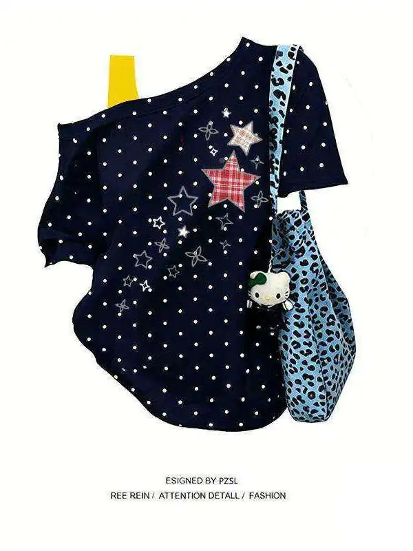 Mint Polka Dot Star Print Loose Short Sleeve T-Shirt Women's Summer Fashion Casual Comfortable Design Shoulder Baring Top