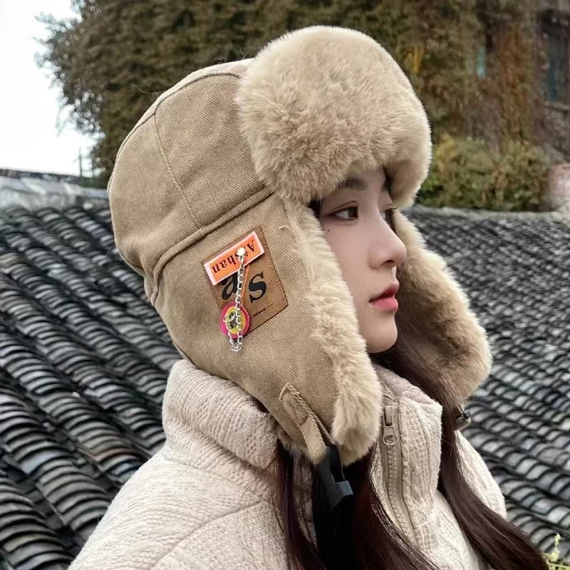 Winter Outdoor Men Russian Pilot Hat Women's Fashion Bomber Hat with Labeling Letter Cotton Faux Fur Soft Warm Trapper