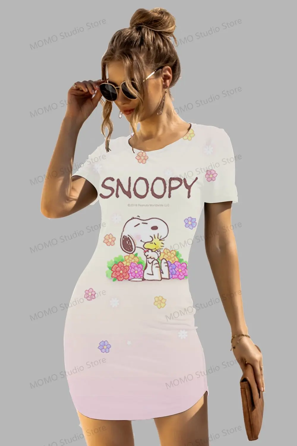 Vestido picante de manga curta com o decote Kawaii Snoopy Hip, elegante moda boho, novo, verão, Y2K, S to 3XL, 2024