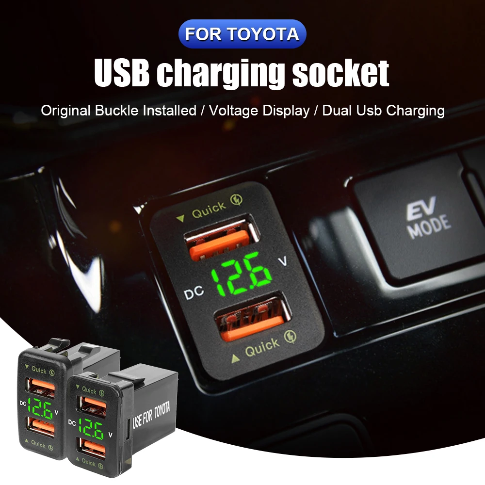 Power Adapter For Toyota 12-24V Voltmeter QC Car Socket Charger Dual USB LED Car Accessories Quick Charge For Mobile Phone