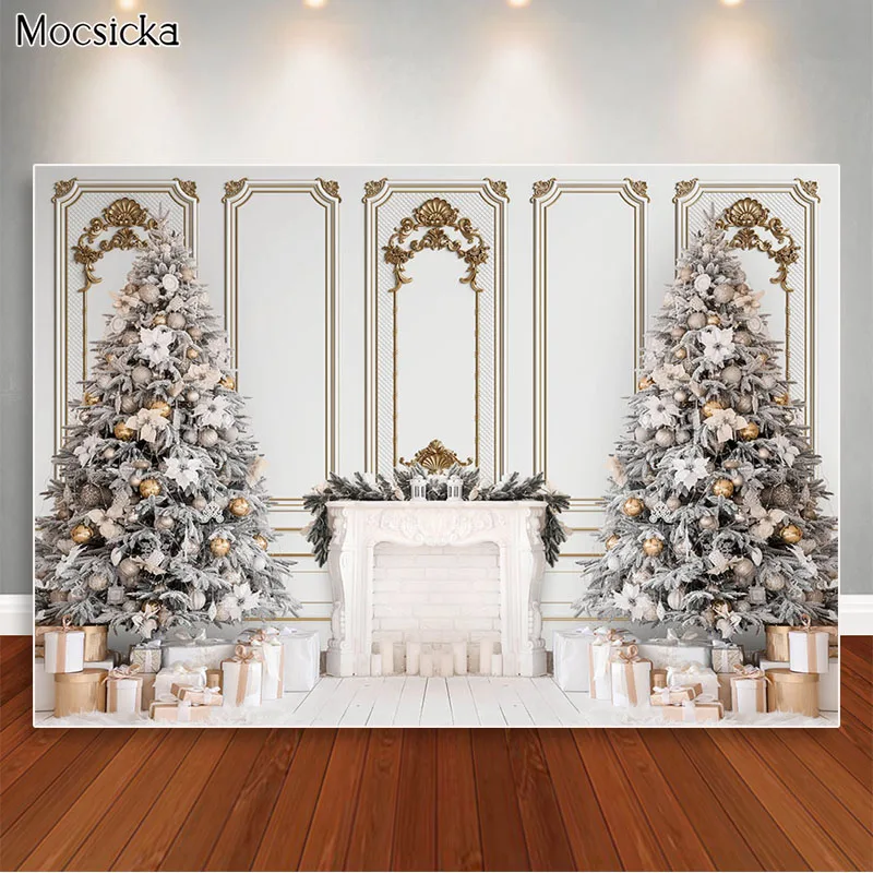 Latar Belakang Kamar Natal Retro untuk Fotografi Putih Pohon Natal Dekorasi Perapian Alat Peraga Foto Profesional Latar Belakang Stan Studio