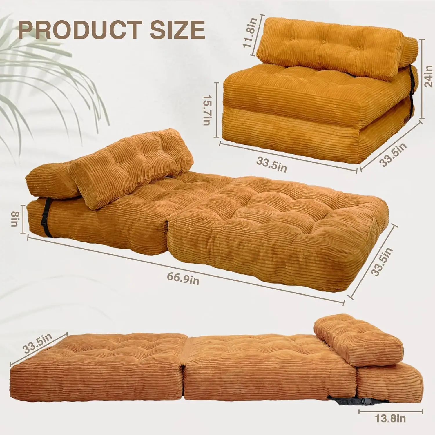 Folding Convertible Sofa Bed Chair, Orange Corduroy Upholstery