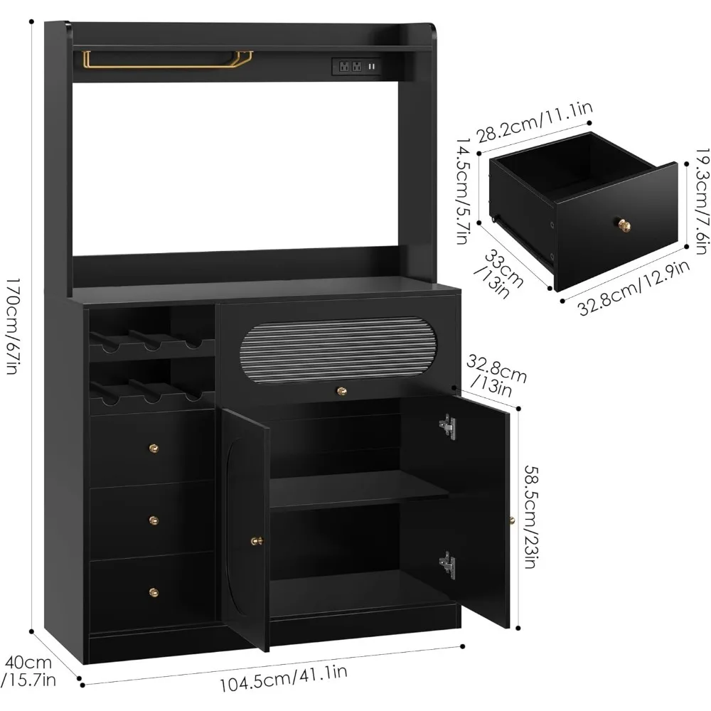 Armário de armazenamento de despensa de cozinha com gaiola, armário de buffet com armazenamento, armário de bar de café com tomadas de energia, suporte de micro-ondas