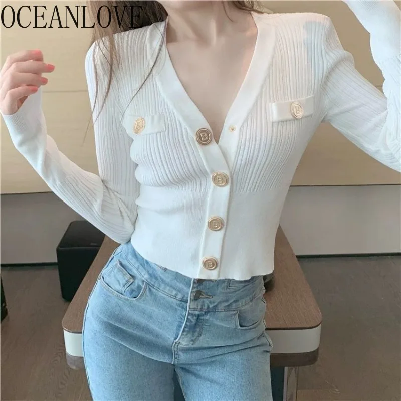 OCEANLOVE Short Cardigans Solid Korean Fashion V Neck Autumn Winter Clothes Women Sweaters Retro Elegant Ropa De Mujer