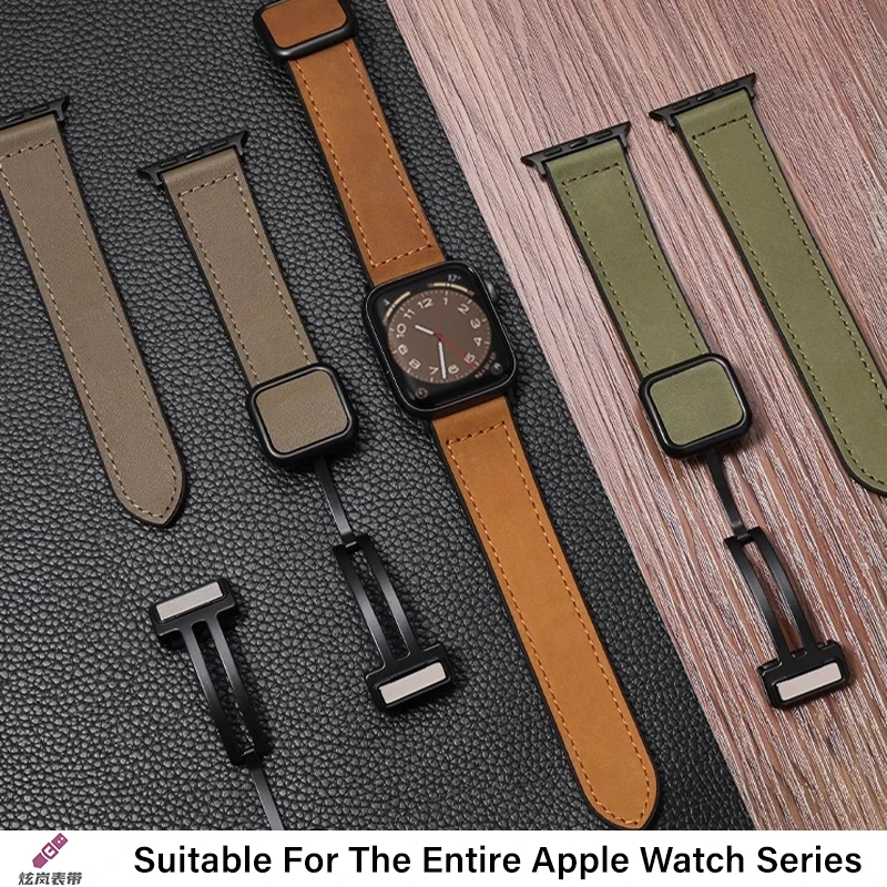 애플워치 밴드 45mm 44mm 40mm 41mm 49mm 42mm용 마그네틱 버클 가죽 스트랩, iWatch 시리즈 9 8 7 6 5 4 SE 울트라 호환