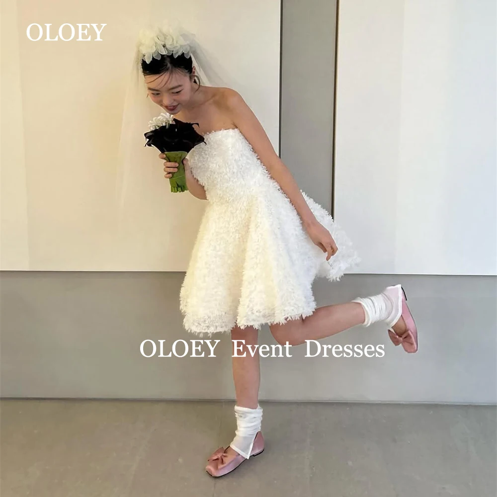 

OLOEY Modern Strapless A Line Short Wedding Dresses Korean Photoshoot Pleats Fluffy Mini Bridal Gowns Customized Lace Up Back