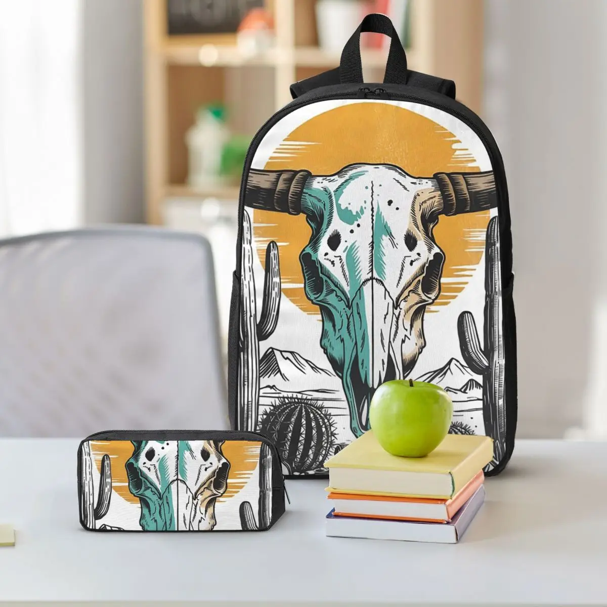 Western Bull Skull Cactus Sun Tribal Backpack Boys Girls BookBag School Bag Shoulder Bags 3ps Insulated Lunch Bag Pencil Case