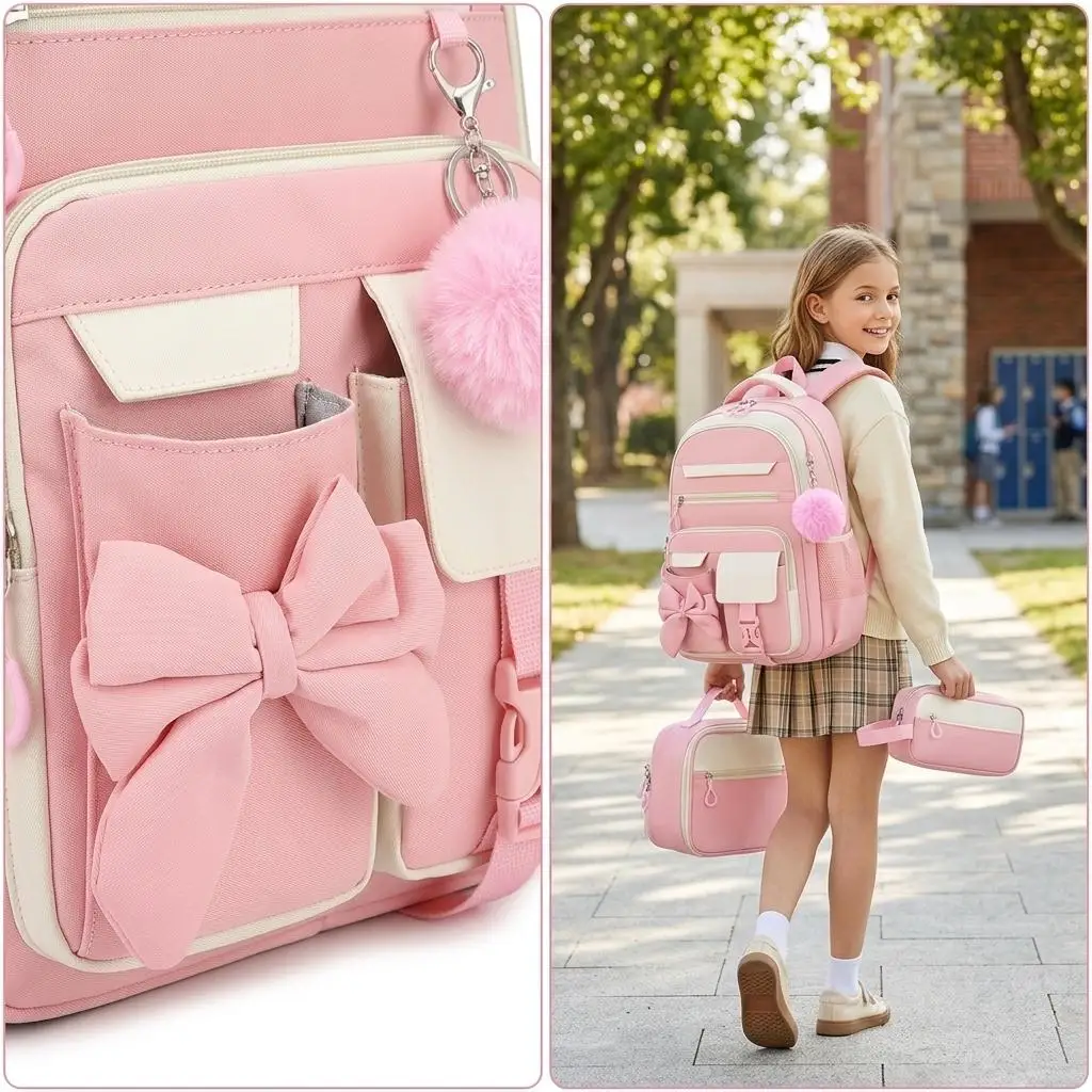 Cute Waterproof Schoolbag Pompom Pendant Student Bag Kit Color Block Book Pack Children Meal Carrier Girls Campus Bag