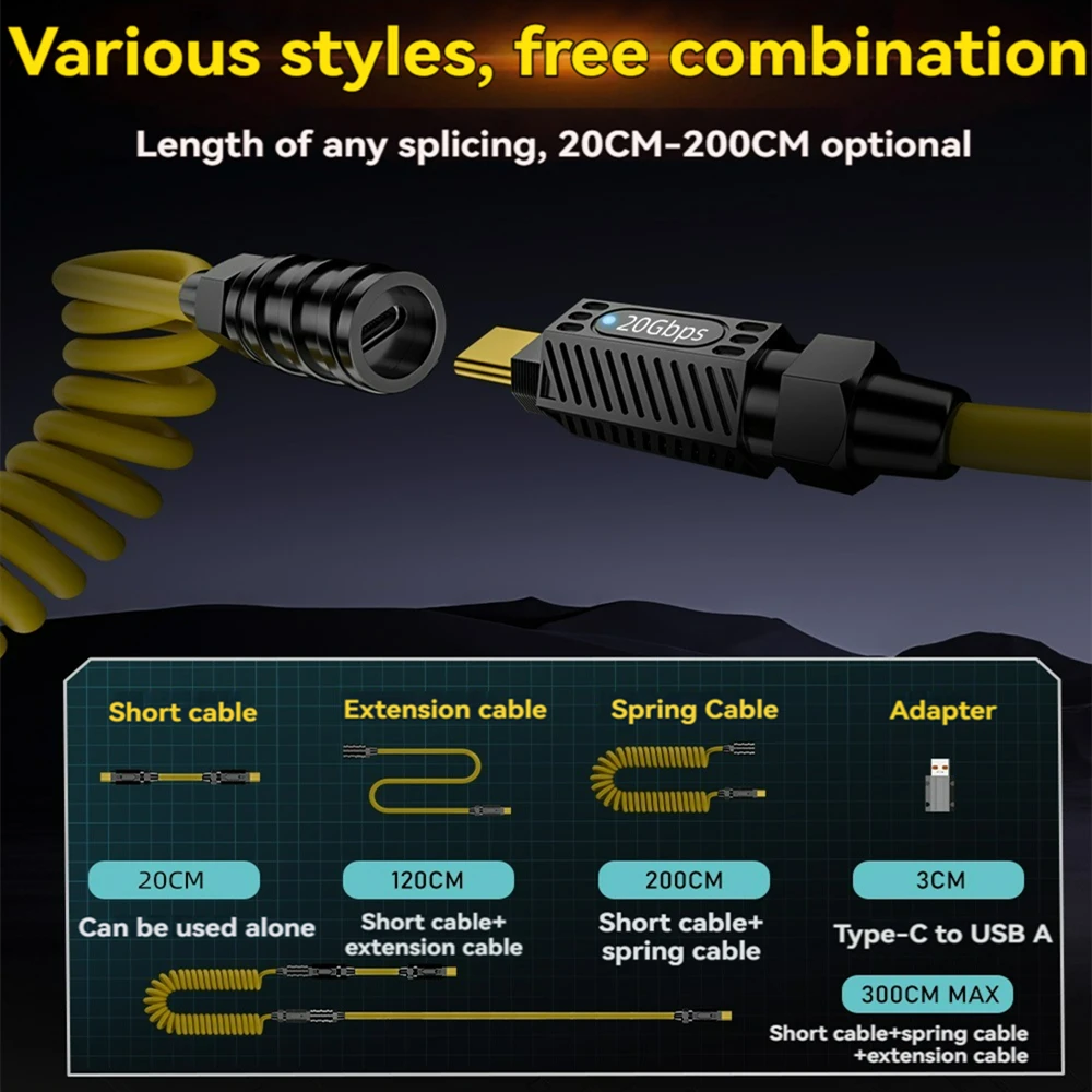 USB C Flexible Spliceable Data Cable Set 20Gbps 8K@60Hz Display Type-C 140W Fast Charging Adapter Cord for Mobile Phone Tablet