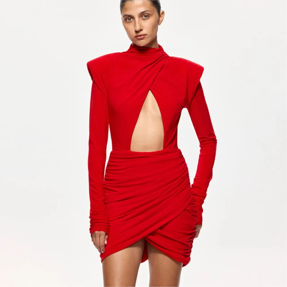 

Fashionable Hollow Slim Dress Spring Summer Women's Long-sleeved Solid Color Irregular Hip-covering Short dress Shoulder Pads