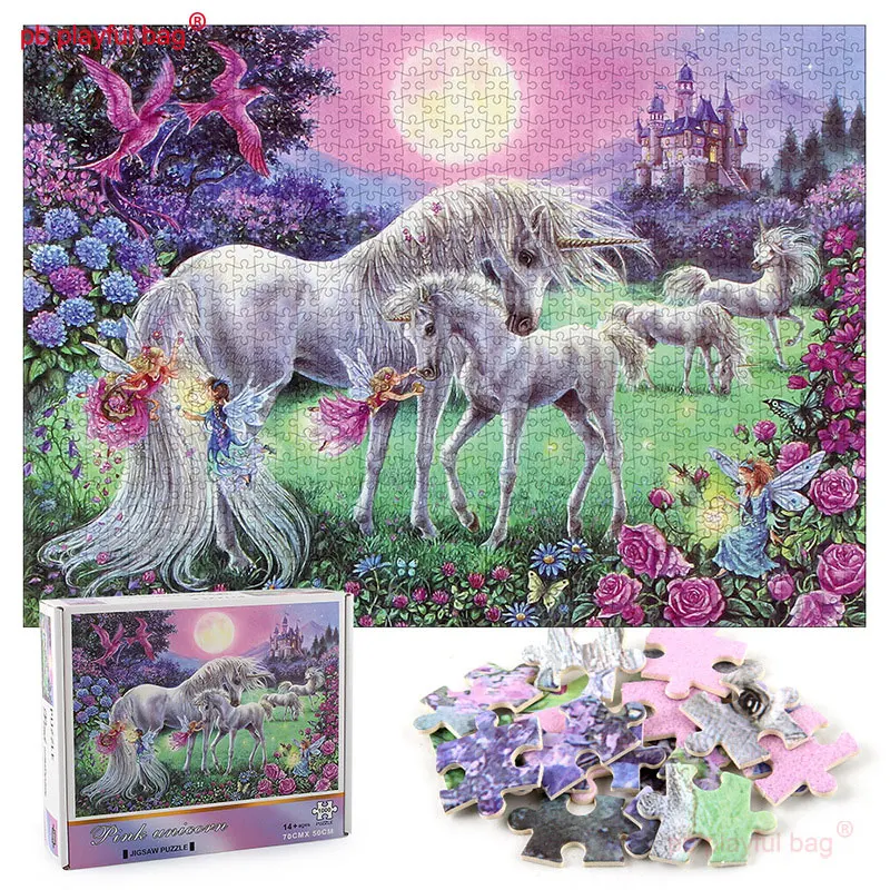 

PB Playful Bag 1000 Pieces Thickened Paper Puzzle Pink Unicorn Adult Decompression Children's Educational Toys Gift UG285