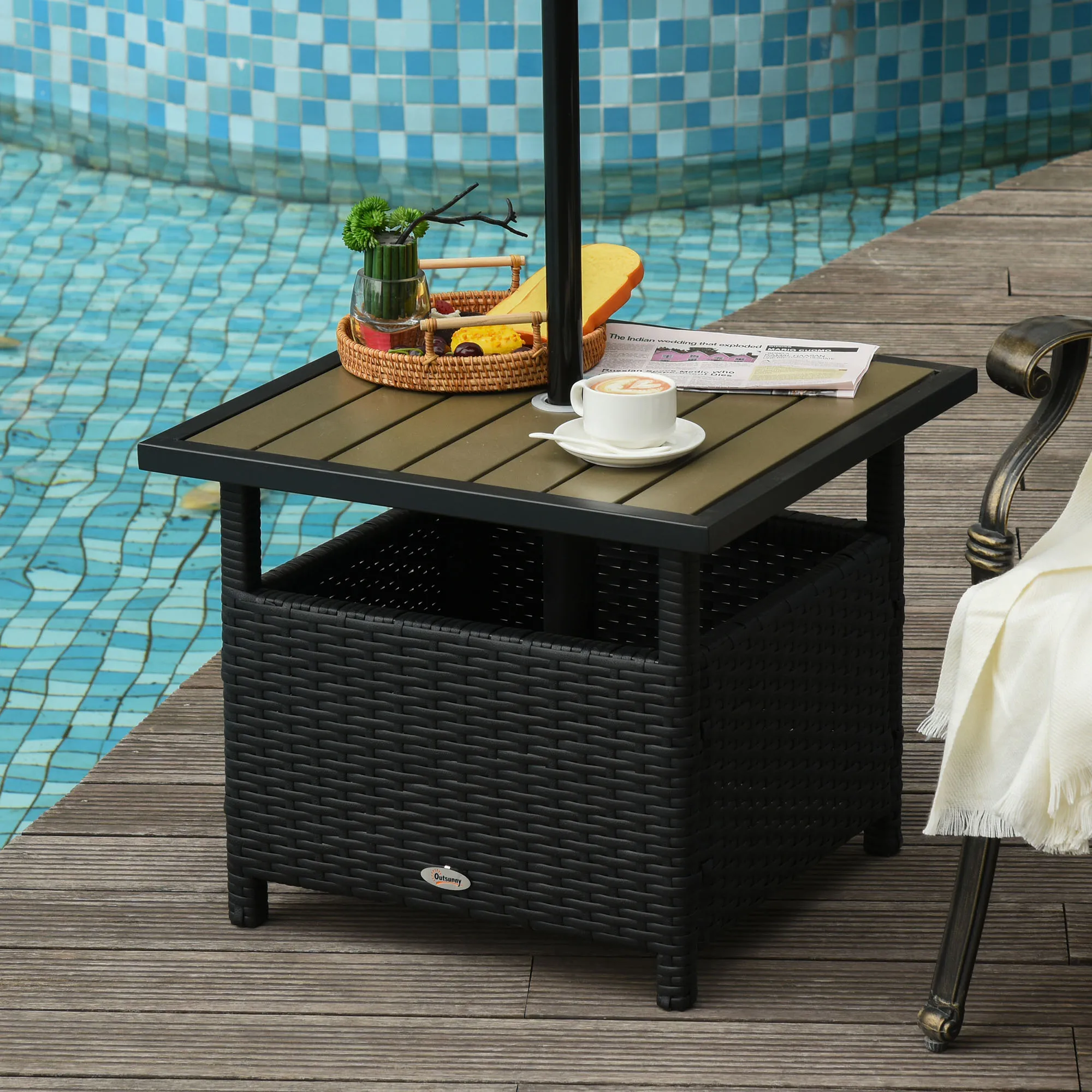 

Outdoor Side Table with Umbrella Hole Rattan Wicker End Table Sand Bags for Stability Steel Frame Patio Black Tan
