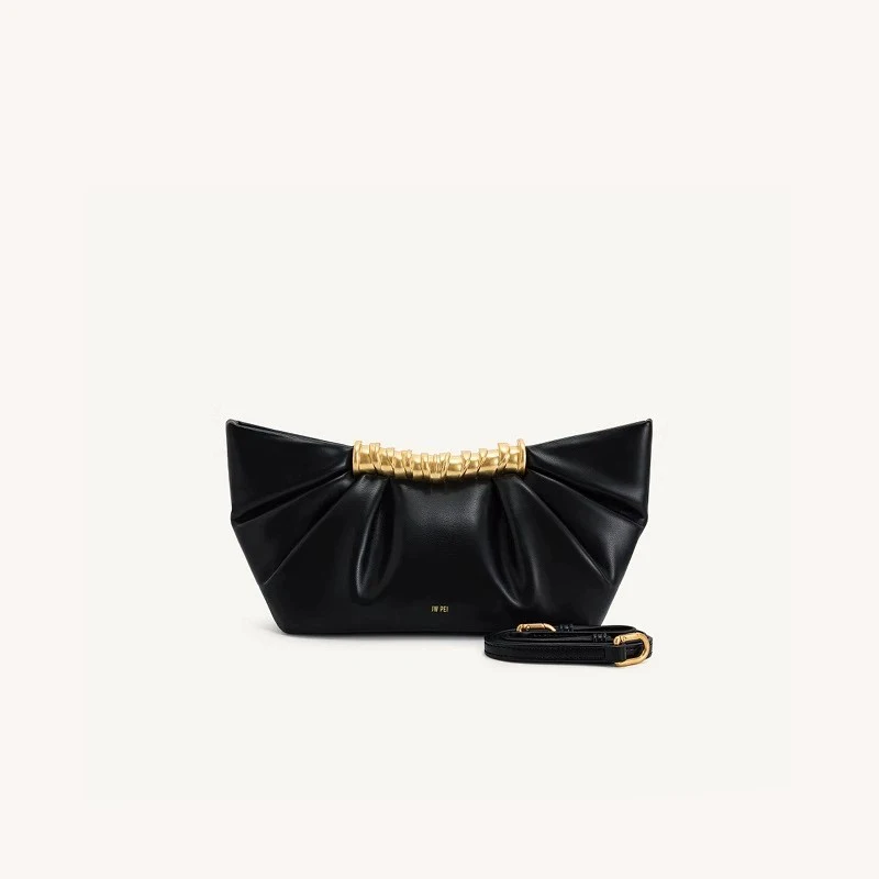 

JW PEI Fashion Party Black Elegant Single-shoulder Crossbody Bag Women's Solid Color Metal Ornament Ruched Hobo Bag