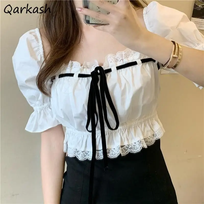 Kawaii Blouses Women White Crop Hot Girls Bandage Lace Puff Sleeve Temper Fashion Gentle Bodycone Designer Preppy Sweet Hipster