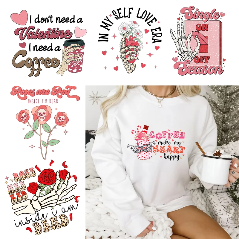 Valentine Skulls Iron On Heat DTF Transfer Sticker T Shirts Fashion Women Thermals Transfer Sticker Drink Coffee Theme Patches