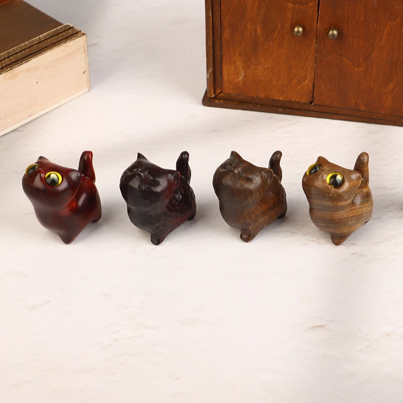 1pc Sandalwood Wooden Mini Cute Charming Cat Ornaments Figurine Sculpture Desk Model Desktop Decoration Statues Handcrafted Gift