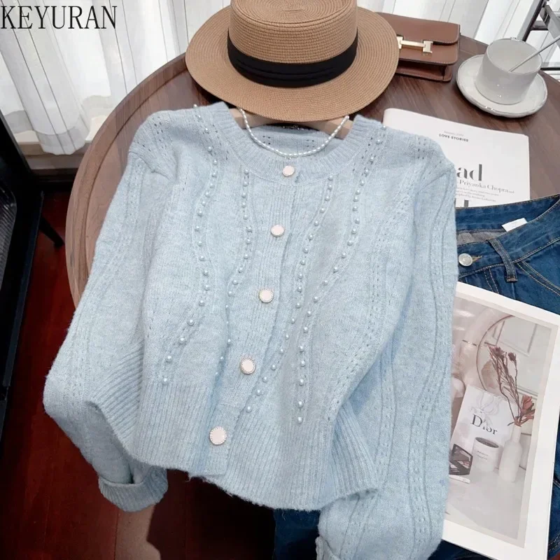 2024 Spring Autumn Knitted Cardigan Women Fashion Casual O-neck Long Sleeve Single Breasted Peals Beading Sweater Knitwear Tops