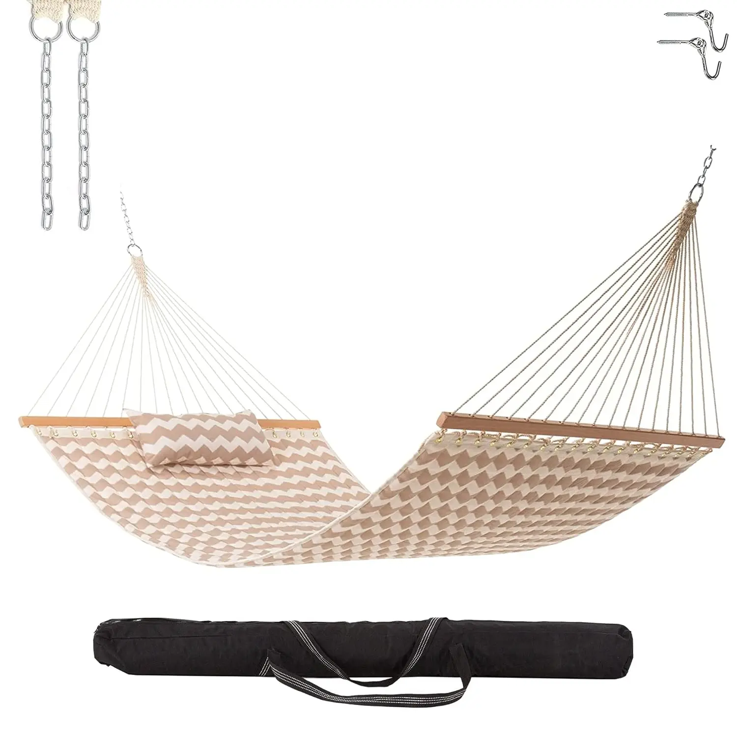 Beige Quilted Polyester Hammock 11.5ft x52in 350lb Pillow Bag Chains Hooks Outdoor, Customized