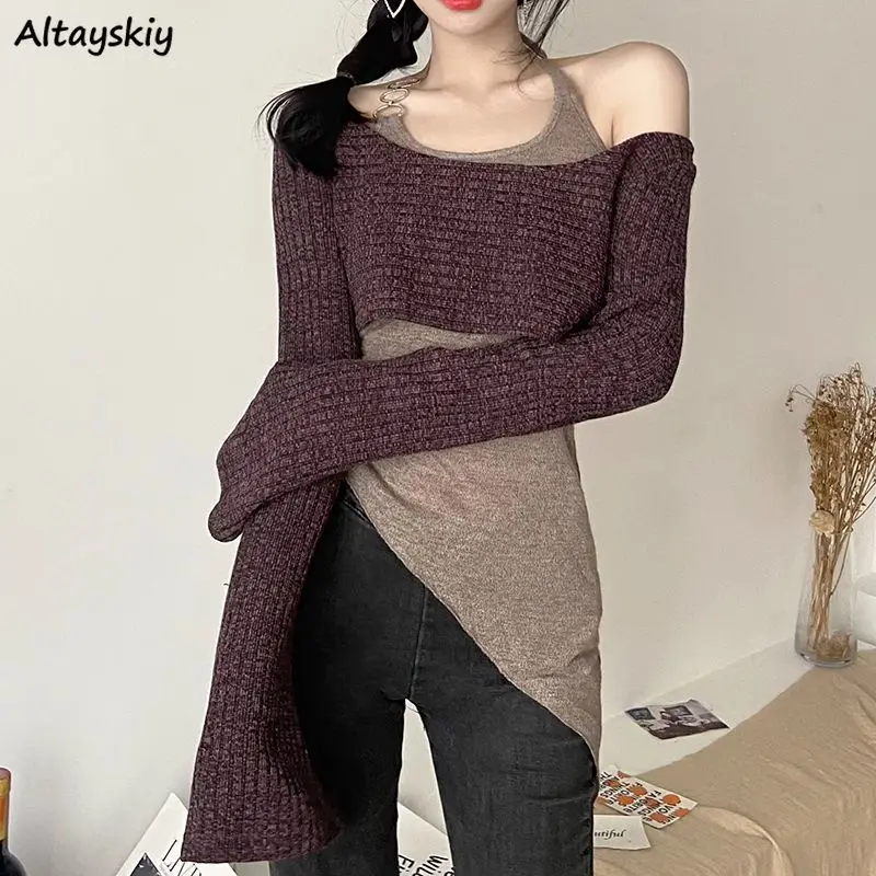 Slash Neck Pullover Sets Women Asymmetrical Seductive Sexy Basics Leisure Korean Style All-match Autumn Charming Tender Comfort