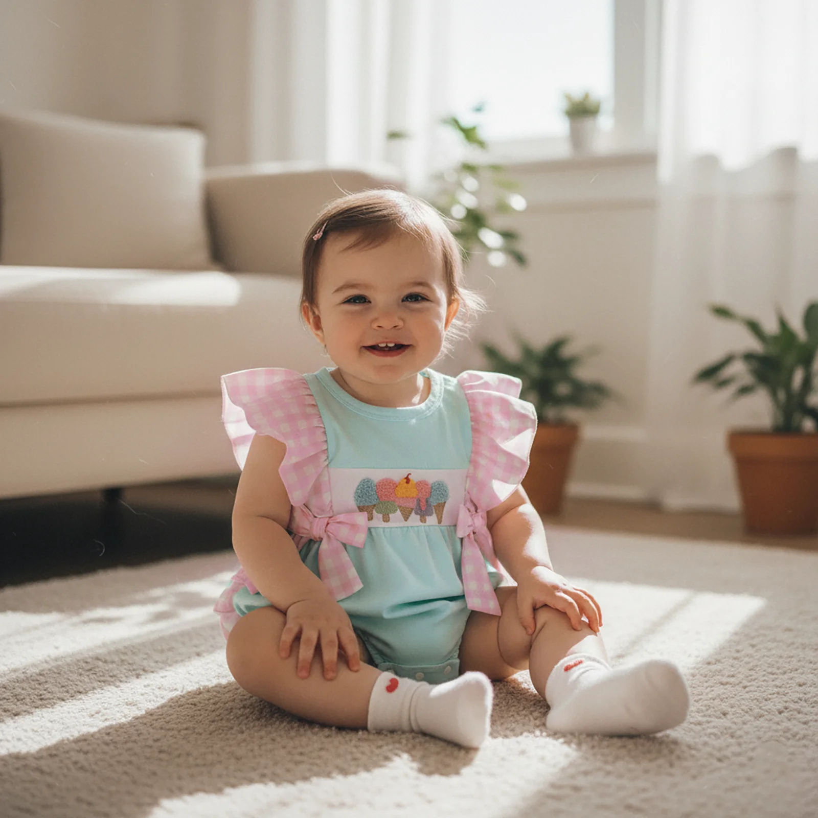 

Infant Girls Summer Casual Rompers Plaid Flutter Sleeve Round Neck Ice Cream Embroidery Bow Jumpsuits Clothes