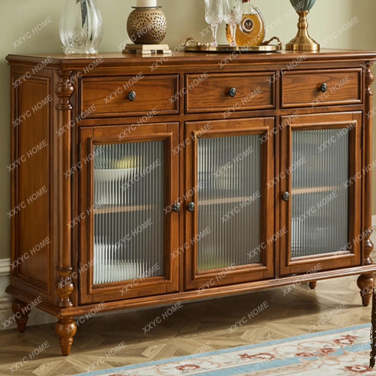 Solid wood dining side cabinet Double-layer shelf against the wall Integrated storage locker Household light luxury