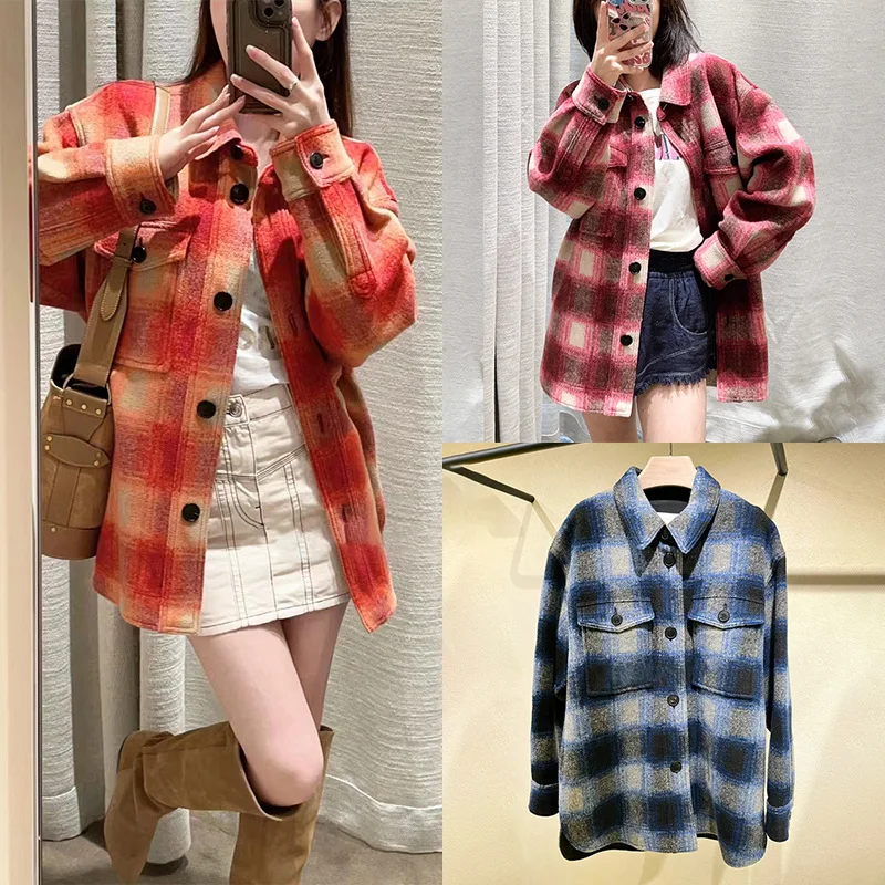 

Women's Wool Coat Classic Plaid Pattern Turn Down Collar Single Breasted Autumn New Ladies Casual Loose Jacket With Pockets