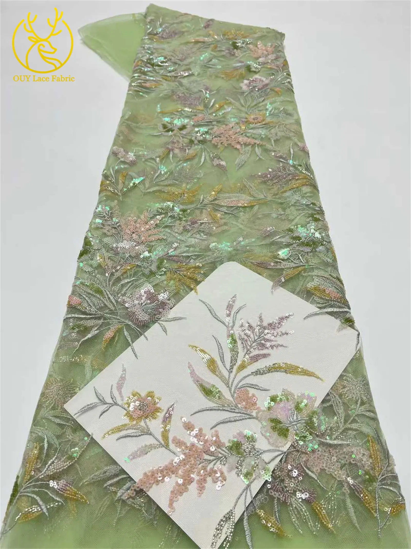 Neuester mit Pailletten bestickter Spitzenstoff 2026 Hochwertiger nigerianischer Perlen-Spitzenstoff, geeignet für Damen-Hochzeitskleider, 5 Yards – Detail 9