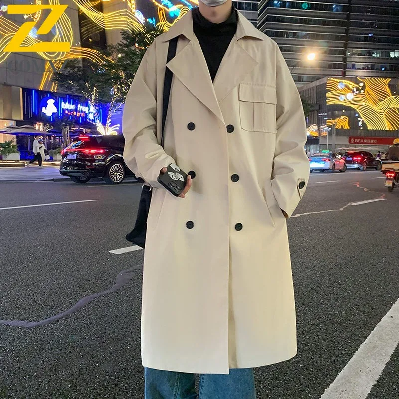 

COMXZ Autumn New Trench Coat Men Korean Style Longline Double Breasted Knee Length Men Loose Fit Top lightweight windbreaker
