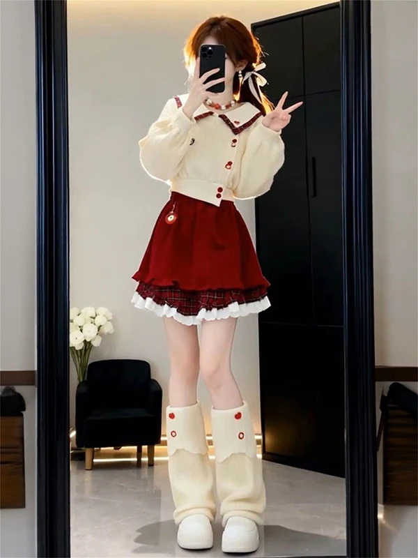 

Korean Sweet Christmas New Year Atmosphere Short Collar Top And Red Skirt Two Piece Set for Soft Girls Fashionable Ensemble
