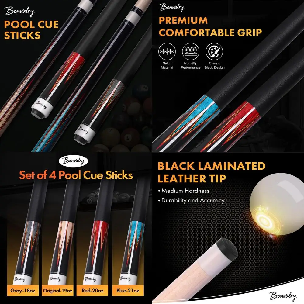 

Набор из 4 кийных наборов для пула с древками из клена, наконечниками 13 мм, нейлоновой оплеткой и декоративным рисунком на наконечниках.