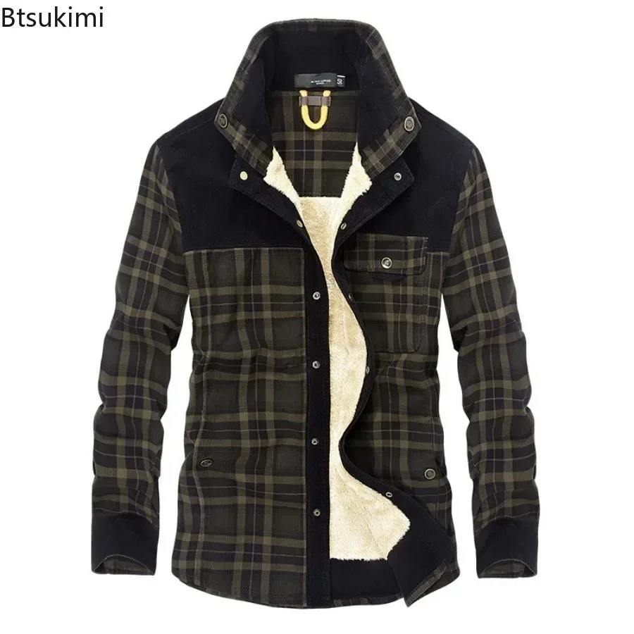 2024 Men\'s Winter Warm Shirts Coats 100% Cotton Plaid Thickened Fleece Jacket Fashion Windproof Stand Collar Shirt Jacket Men