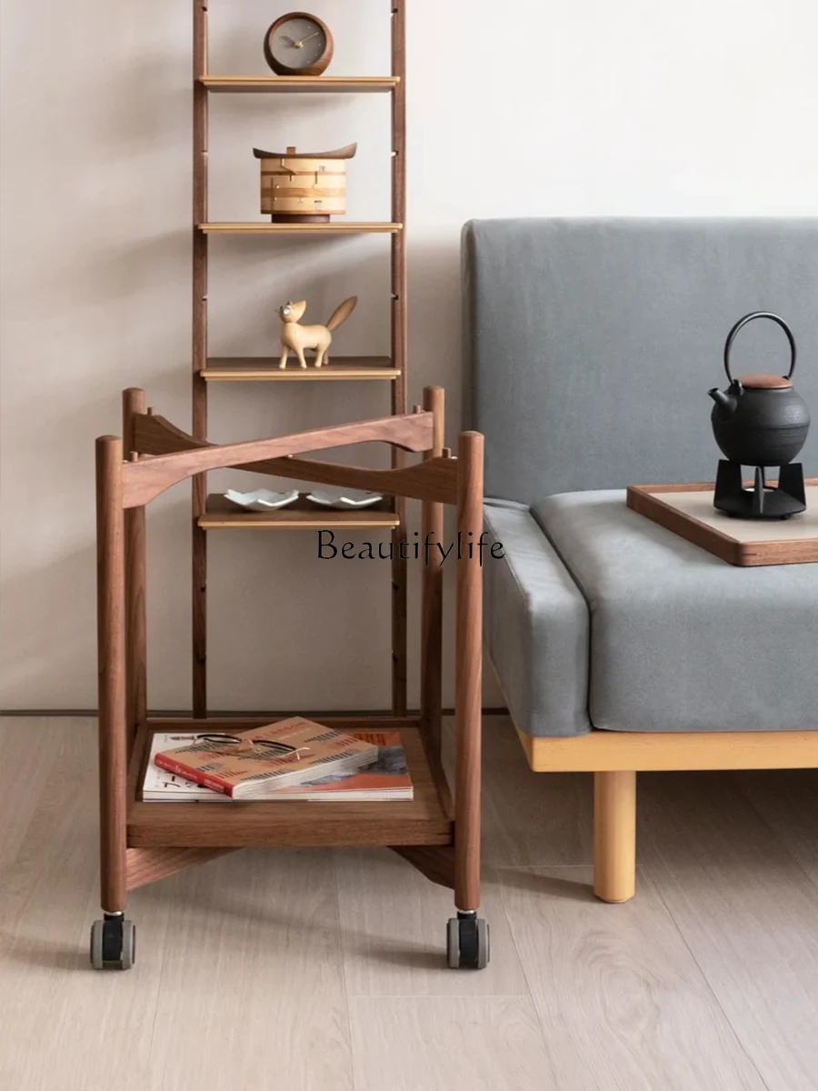 Japanese-style movable folding solid wood sofa side few with wheels log double-layer storage small coffee table