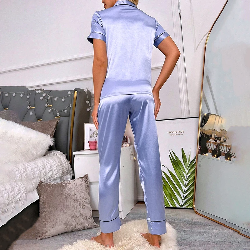 Women's Satin Pajama Pocket Heart Embroidered Sleepwear Pajamas Pj Set Autumn Short Sleeve Button Pyjama Pijama Femme Loungewear