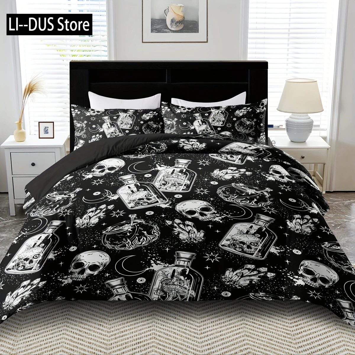 

2/3pcs Halloween Skull Down Comforter Set Soft Comfortable Moon Printed Down Bedding Set Halloween Gift Happy Halloween