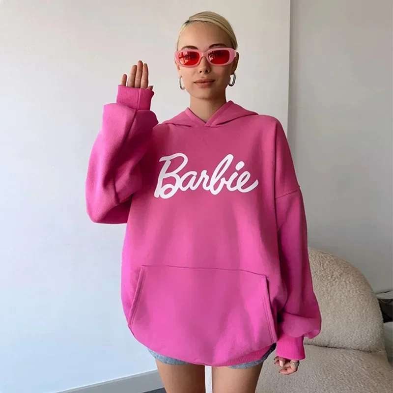 Barbie Casual Pink Letter Print Loose Hooded Sweatshirt Anime Hoodie Hip-hop Versatile Girls\' Tops with Long Sleeves Inner Wear