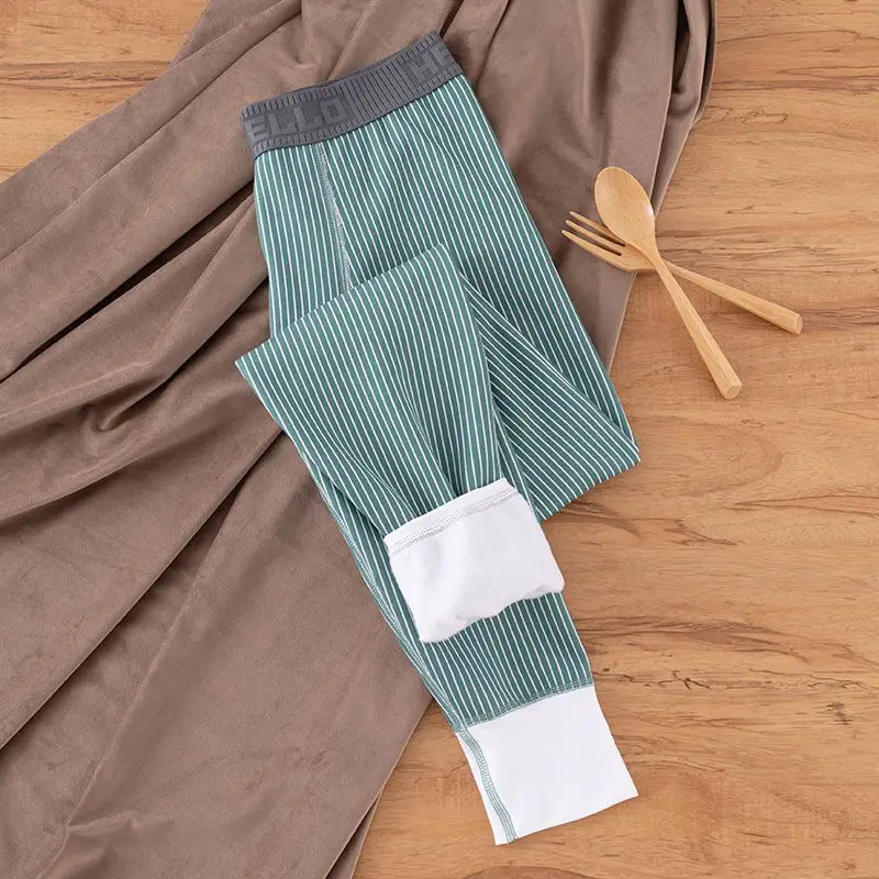 Simplicity Trend  Autumn Winner New Long Johns Men Solid Elastic Waist Striped Plus Velvet Thicken Fashion Casual Leggings