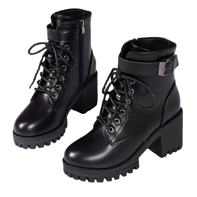 

Large High-heeled Boots, New Black Boots for Autumn and Winter 2025, Round Toe Thick Heel Belt Buckle Women's Short Boots