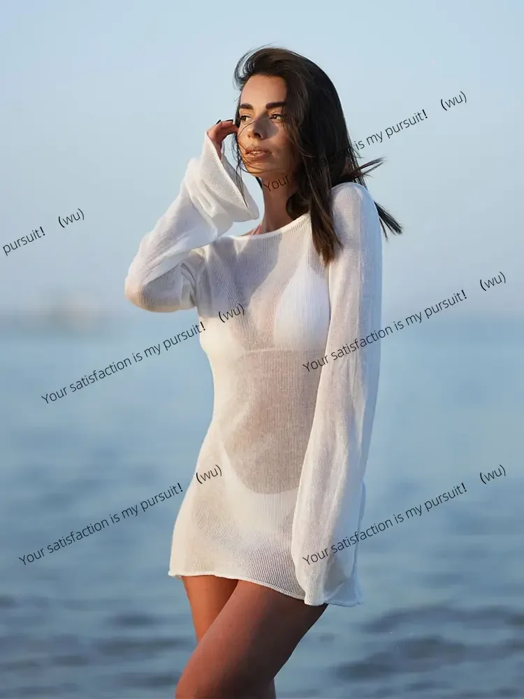 Sommer-Minikleid für Damen am Meer, solides Strick-Minikleid, 2025, sexy, rückenfrei, Glockenärmel, durchsichtig, kurzes Kleid, Strand-Badeanzug, Vertuschung, K98