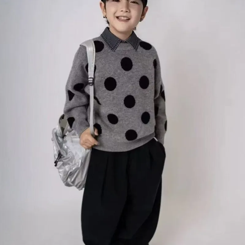 

Boys' Denim Collared Polka Dot Two-in-One Sweater Autumn Winter Kids Knitwear