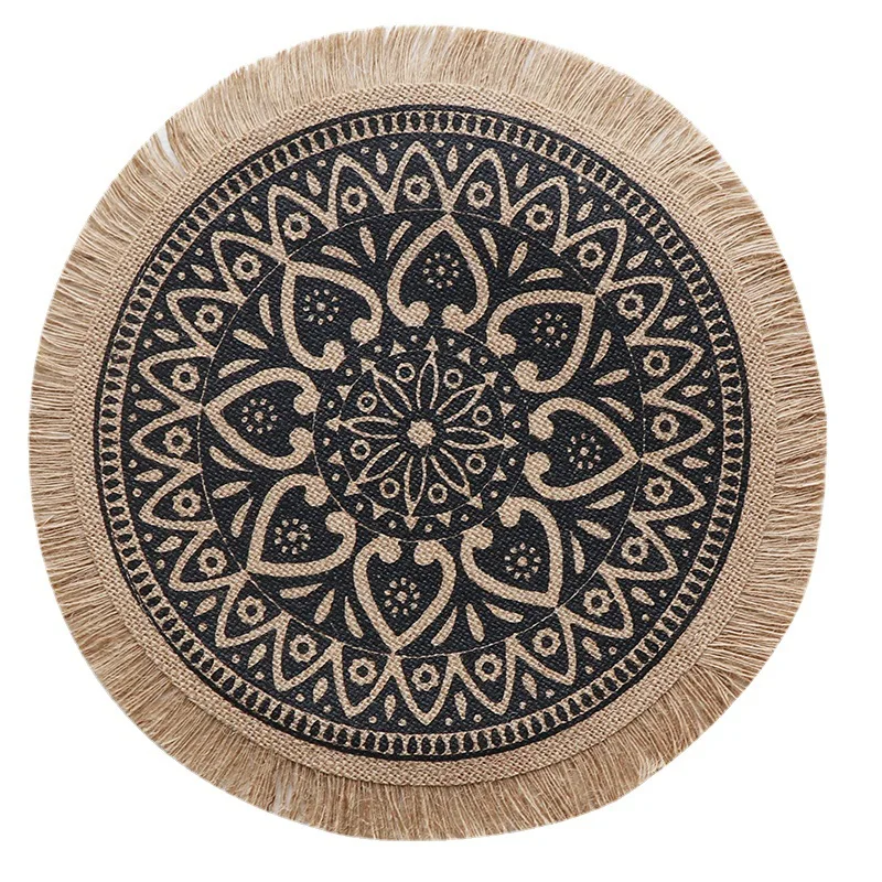 4 PCS Round Placemats with Tassels Boho Linen Table Mat Non-Slip Heat Insulation Cup Coaster Kitchen Placemat for Dining Table