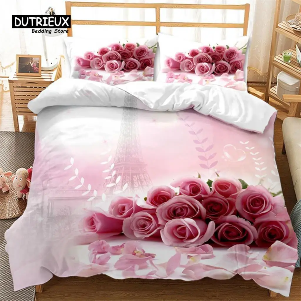 

Rose Flowers Duvet Cover Microfiber Romantic Style Abstract Floral 3D Print Bedding Set For Girls Boy Valentine's Day Room Decor