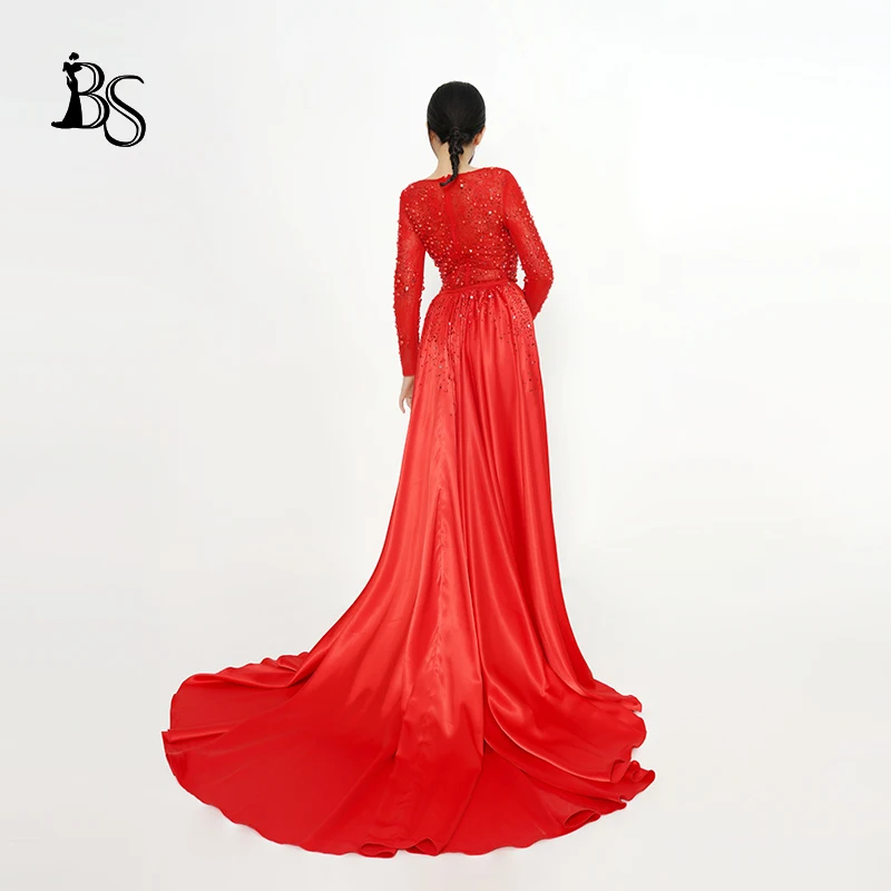 Baisha-vestido de noche rojo personalizado para mujer, conjunto de 2 piezas con cinta trasera desmontable, falda larga con cuentas de lujo, 160304